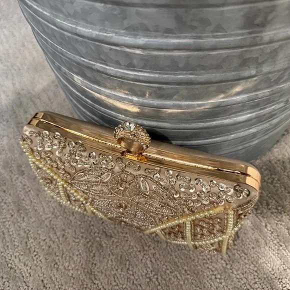 Embellished Beaded Champagne Evening Clutch - Picture 5 of 12